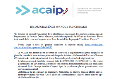 INCORPORACIÓ DE 407 NOUS FUNCIONARIS